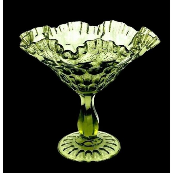 Compote Candy Dish Pedestal Green Thumb Print Ruffle 7" Height Vintage - Picture 1 of 8